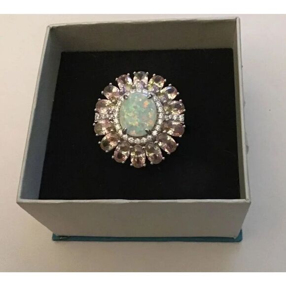 Gorgeous Ethipoian Opal~Pink & White Sapphire Sunburst Cocktail Ring Sz 8~925 SS - Picture 1 of 5